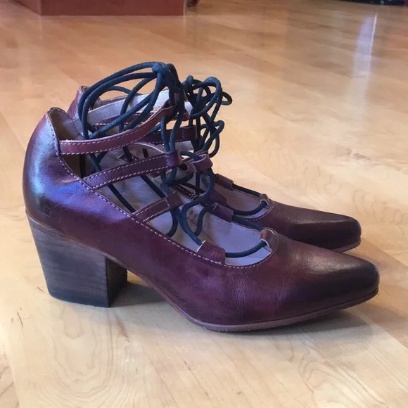 BED | STU Burgundy Leather Lace-Up Block Heel Pumps - Picture 14 of 16